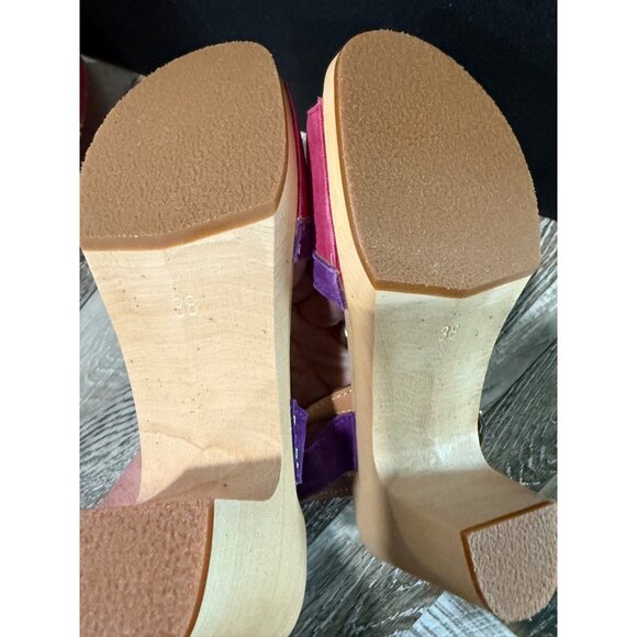Swedish Hasbeens 50s Suede Combo Sandal With Wooden Heel Size 38 Adjustable Stra - Picture 6 of 8